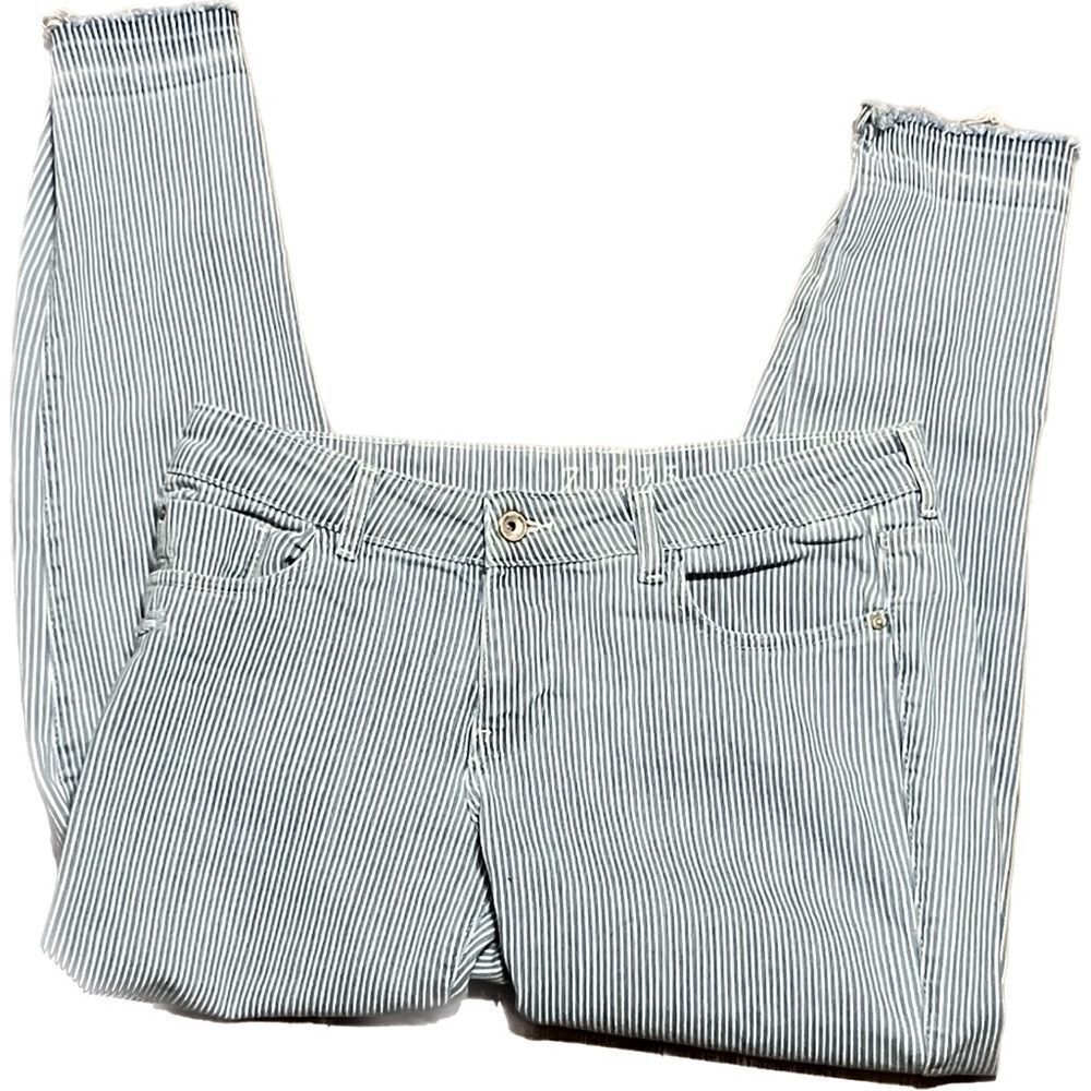 Zara, basic denim, women’s size 6, striped, cropped ankle, frayed jeans